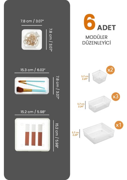 6'lı Çok Amaçlı Çekmece Içi Organizer, Şeffaf, Beyaz, Makyaj ve Takı Düzenleyici fiyatları