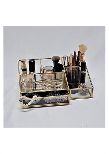 5 Bölmeli Brass Cam Minik Çekmeceli Siyah Kadife Makyaj Düzeni