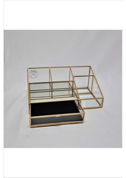 5 Bölmeli Brass Cam Minik Çekmeceli Siyah Kadife Makyaj Düzeni fiyatları