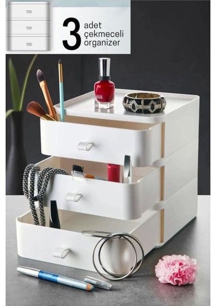 3 Katlı Çekmece Organizer, Makyaj ve Takı Saklama Kutusu, Beyaz
