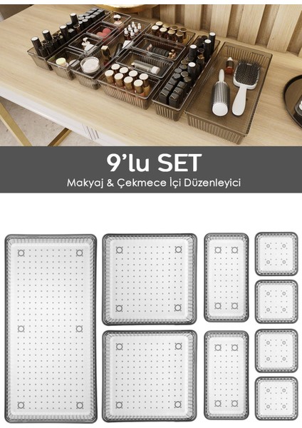 Gri 9'lu Çekmece Içi Organizer, Kozmetik ve Takı Düzenleyici