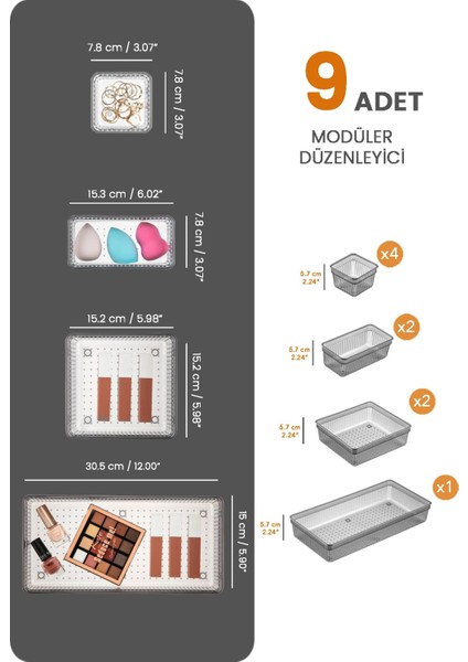 Gri 9'lu Çekmece Içi Organizer, Kozmetik ve Takı Düzenleyici fiyatları