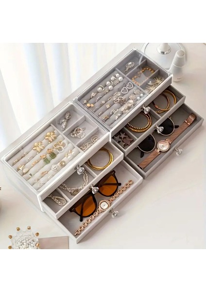 Geniş 3 Çekmeceli Gri Takı Kutusu, Düzenleyici ve Organizer, Şık ve Kullanışlı Tasarım