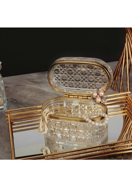 Şık Hasır Desenli Cam Kapaklı Takı Kutusu, Gold Detaylı Lüks Tasarım fiyatları