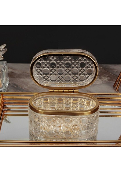 Şık Hasır Desenli Cam Kapaklı Takı Kutusu, Gold Detaylı Lüks Tasarım modelleri