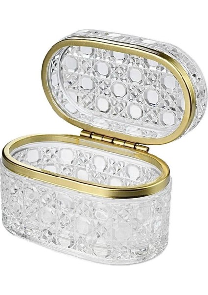 Şık Hasır Desenli Cam Kapaklı Takı Kutusu, Gold Detaylı Lüks Tasarım indirimleri