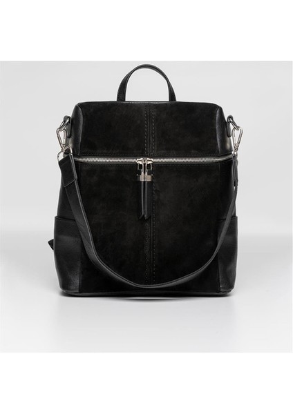 Siyah Nubuk Deri Lilly-S Kadın Sırt ve Omuz Çantası