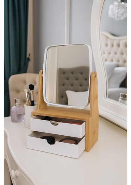 Bambu 2 Çekmeceli Aynalı Düzenleyici, Makyaj ve Takı Organizeri, Kahverengi