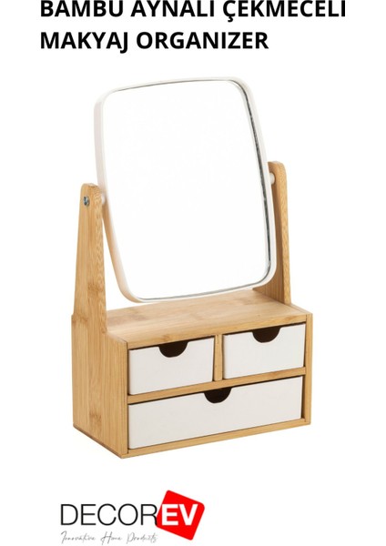 Bambu Ayarlanabilir Makyaj ve Masa Aynası, Çekmeceli, Şık Kahverengi Tasarım