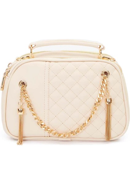 930539 Kadın Zincir Saçak Detaylı Omuz Çantası Krem