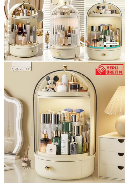 Beyaz 360 Döner Standlı Çekmeceli Kozmetik Organizer