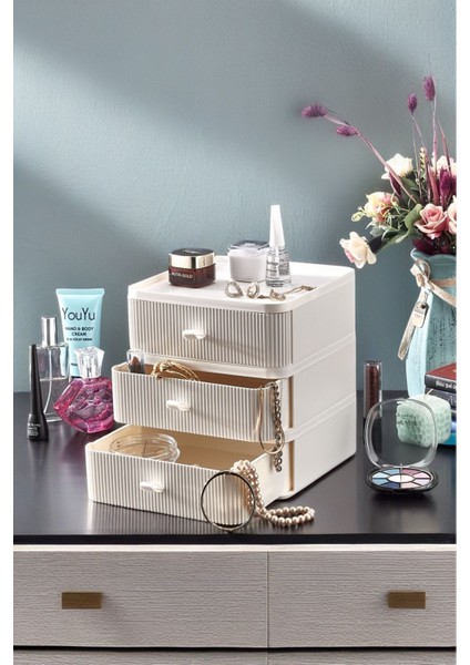 3 Katlı Çok Amaçlı Düzenleyici, Makyaj ve Takı Organizer, Bej