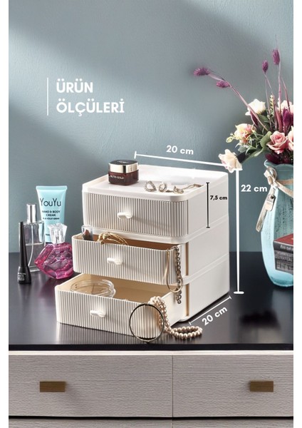 3 Katlı Çok Amaçlı Düzenleyici, Makyaj ve Takı Organizer, Bej fiyatları