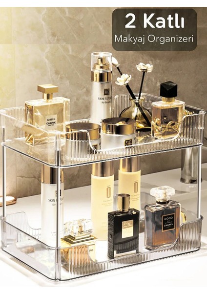 Iki Katlı Kristal Makyaj ve Takı Organizeri, Dekoratif Banyo Rafı, Çok Amaçlı Düzenleyici