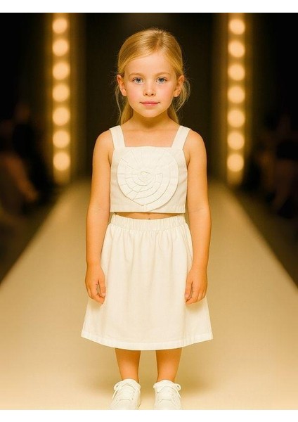 Kız Çocuk Crop Dokuma Çiçekli Etek Takım