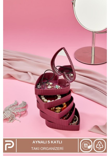 5 Katlı Aynalı Kalp Takı Organizer Kutusu, 360 Derece Dönebilen, Pembe fiyatları