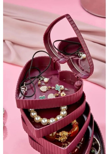 5 Katlı Aynalı Kalp Takı Organizer Kutusu, 360 Derece Dönebilen, Pembe modelleri