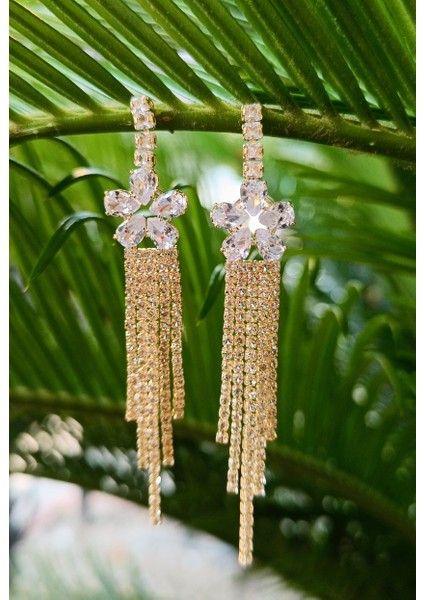 Sarı Renk Zirkon Taşlı Lüks Abiye Küpe