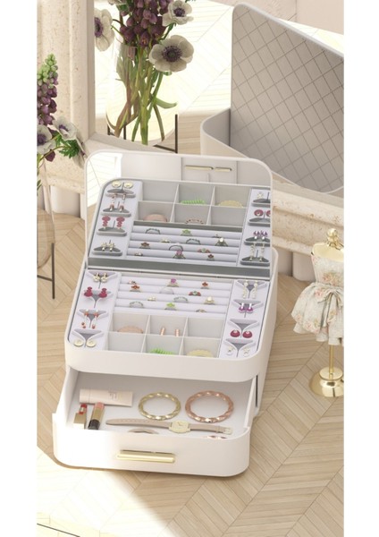 Bej Renkli Çok Bölmeli Çekmeceli Aynalı Takı ve Makyaj Organizeri fiyatları