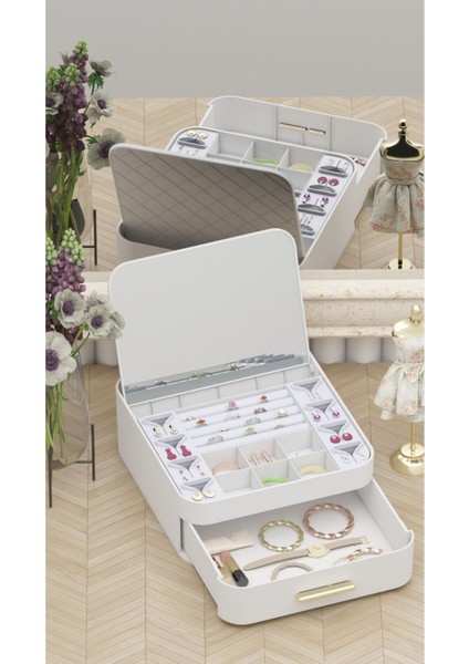 Bej Renkli Çok Bölmeli Çekmeceli Aynalı Takı ve Makyaj Organizeri modelleri