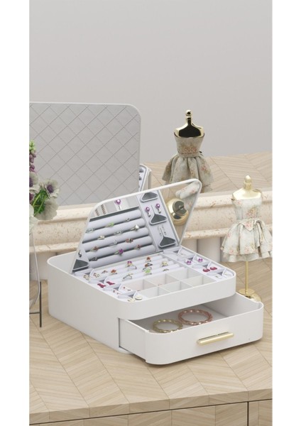 Bej Renkli Çok Bölmeli Çekmeceli Aynalı Takı ve Makyaj Organizeri fırsatları