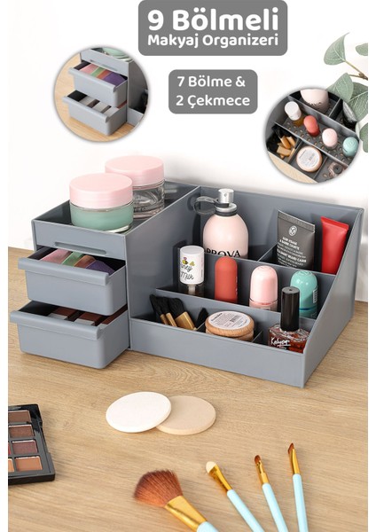Gri Çok Amaçlı Çekmeceli Makyaj ve Takı Düzenleyici Kutu