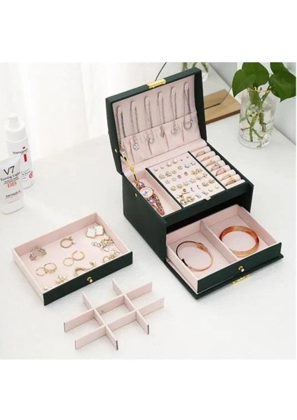 Yeşil Çok Fonksiyonlu Üç Katmanlı Takı Kutusu, Taşınabilir ve Şık Tasarım fiyatları