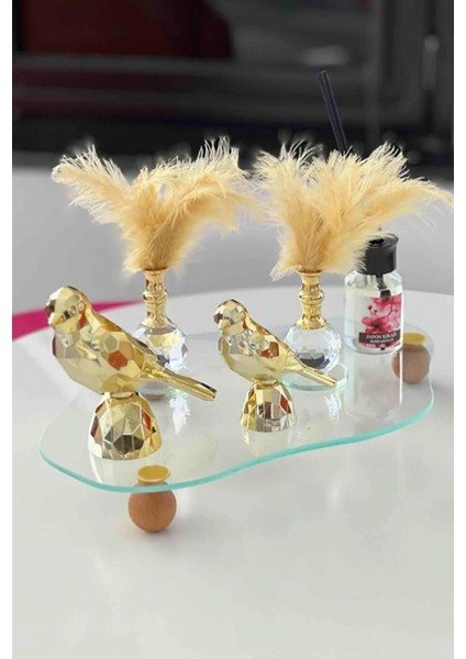 Eğri Cam Tepsi, Ahşap Top Ayaklı Dekoratif Sunum ve Düzenleyici Stand