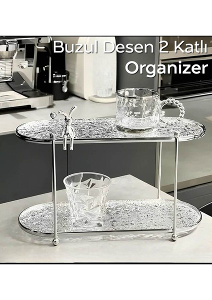 Şeffaf Kırık Cam Desenli 2 Katlı Organizer 38X15X20 cm | Dekoratif ve Şık Tasarım