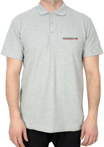 Porshe Text Red Polo Yaka Gri Tişört