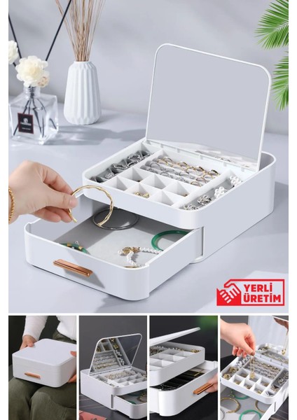 Şık Çok Bölmeli Aynalı Çekmeceli Makyaj ve Takı Düzenleyici, Beyaz Renk