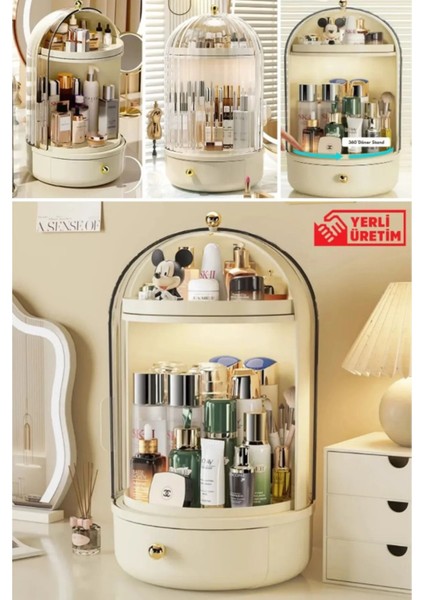 Şık Bej 360 Döner Standlı Çekmeceli Kozmetik Organizermek