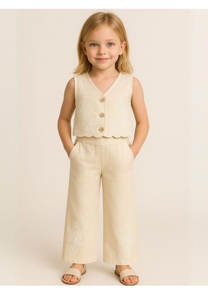 Kız Çocuk Keten Yelek Pantolon Takım