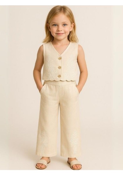 Kız Çocuk Keten Yelek Pantolon Takım modelleri