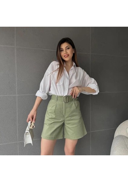 Kuş Gözü Kemerli Geniş Paçalı Mom Şort - Haki