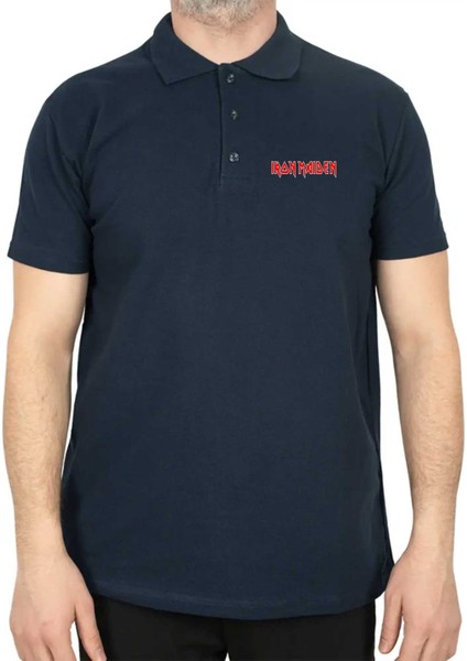 Iron Maiden Red Text Polo Yaka Lacivert Tişört