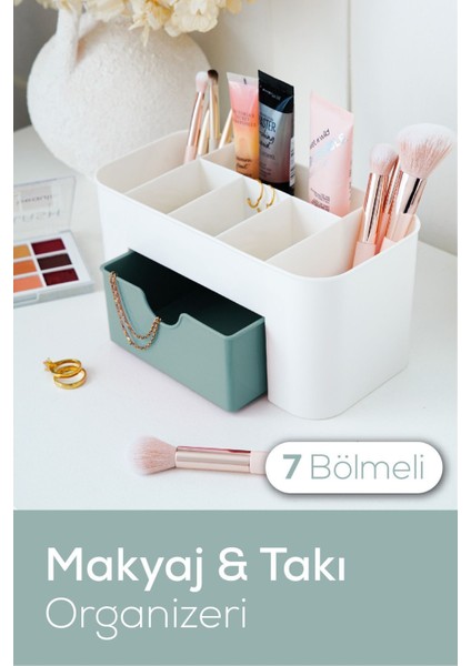 Yeşil 7 Bölmeli Çekmeceli Makyaj ve Takı Organizeri, Masaüstü Düzenleyici