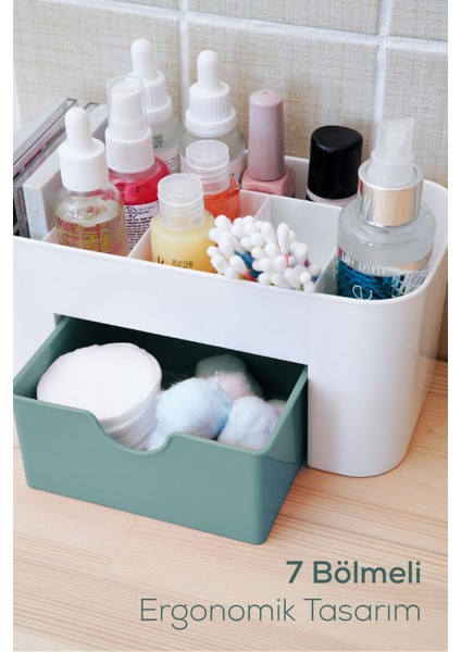 Yeşil 7 Bölmeli Çekmeceli Makyaj ve Takı Organizeri, Masaüstü Düzenleyici