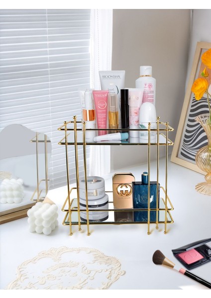 Iki Katlı Dikdörtgen Aynalı Organizer, Gold Kaplama, Şık ve Fonksiyonel Tasarım