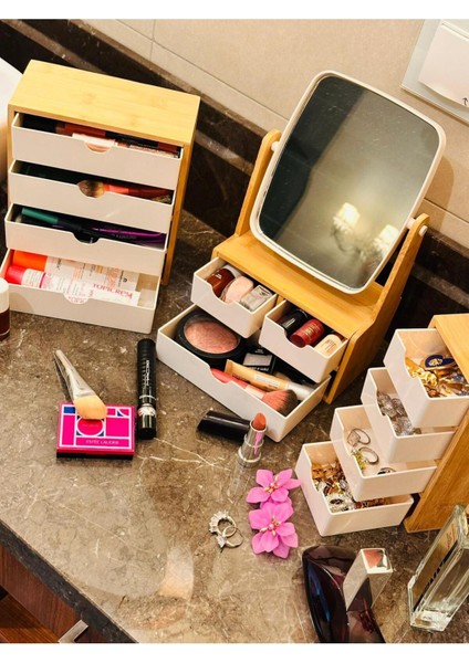 3'lü Bambu Düzenleyici Seti, Çekmeceli Ayna, Mini ve Midi Boy, Sarı Renk