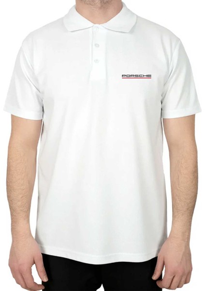 Porshe Text Red Polo Yaka Beyaz Tişört