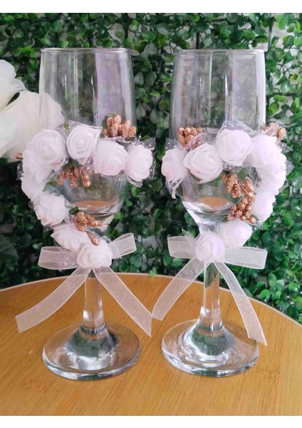 Gelin Damat Kadehi Düğün Nişan Özel Gün 1 Çift Beyaz Kalp