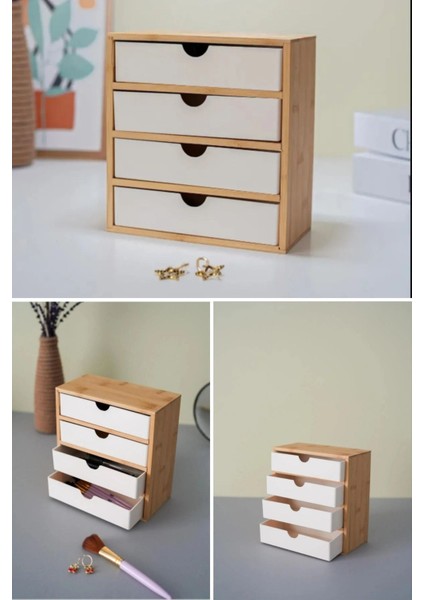 Beyaz Bambu 4 Çekmeceli Kozmetik ve Takı Düzenleyici Organizer