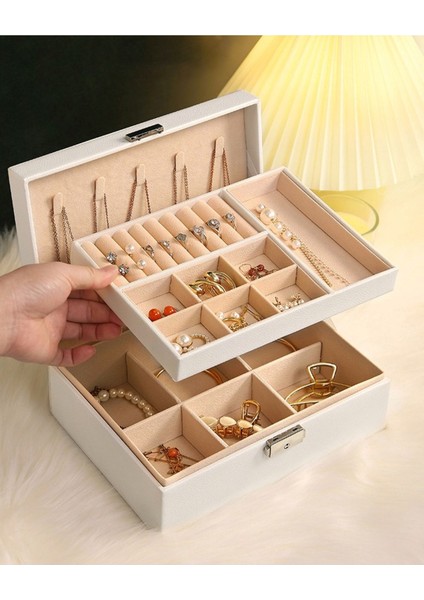 Şık 2 Katlı Deri Takı Kutusu, Mücevher ve Takı Organizer Beyaz