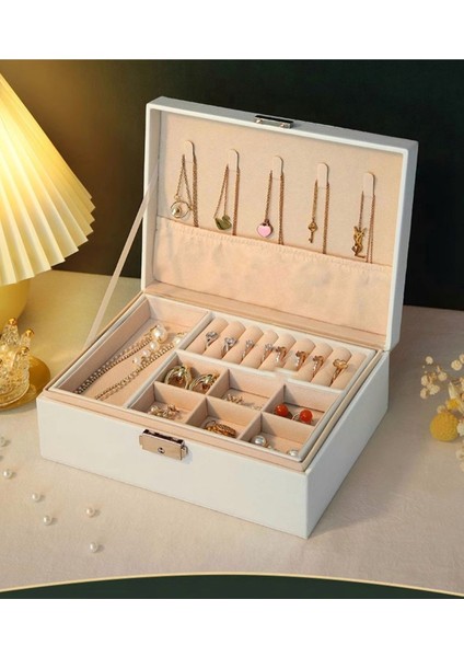 Şık 2 Katlı Deri Takı Kutusu, Mücevher ve Takı Organizer Beyaz fiyatları