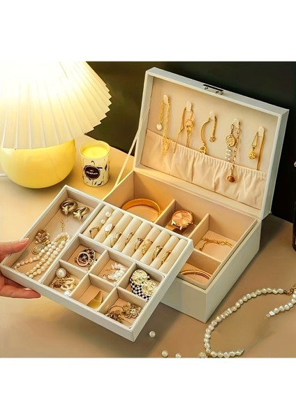 Şık 2 Katlı Deri Takı Kutusu, Mücevher ve Takı Organizer Beyaz modelleri