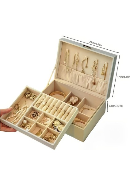 Şık 2 Katlı Deri Takı Kutusu, Mücevher ve Takı Organizer Beyaz fırsatları