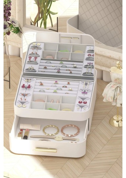Aynalı Çok Bölmeli Çekmeceli Makyaj ve Takı Organizer, Bej Renk fiyatları