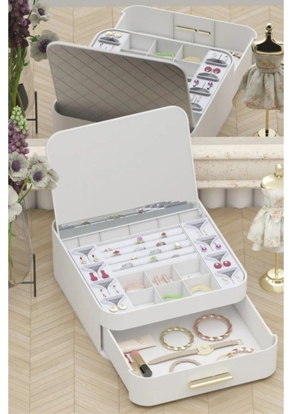 Aynalı Çok Bölmeli Çekmeceli Makyaj ve Takı Organizer, Bej Renk modelleri