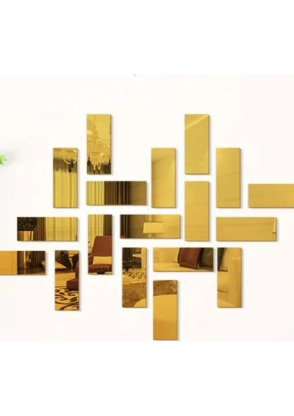 Tuğla Desenli Dekoratif Aynalı Gold Pleksi 10'lu Duvar Dekorasyon Her Biri 5X20 cm
